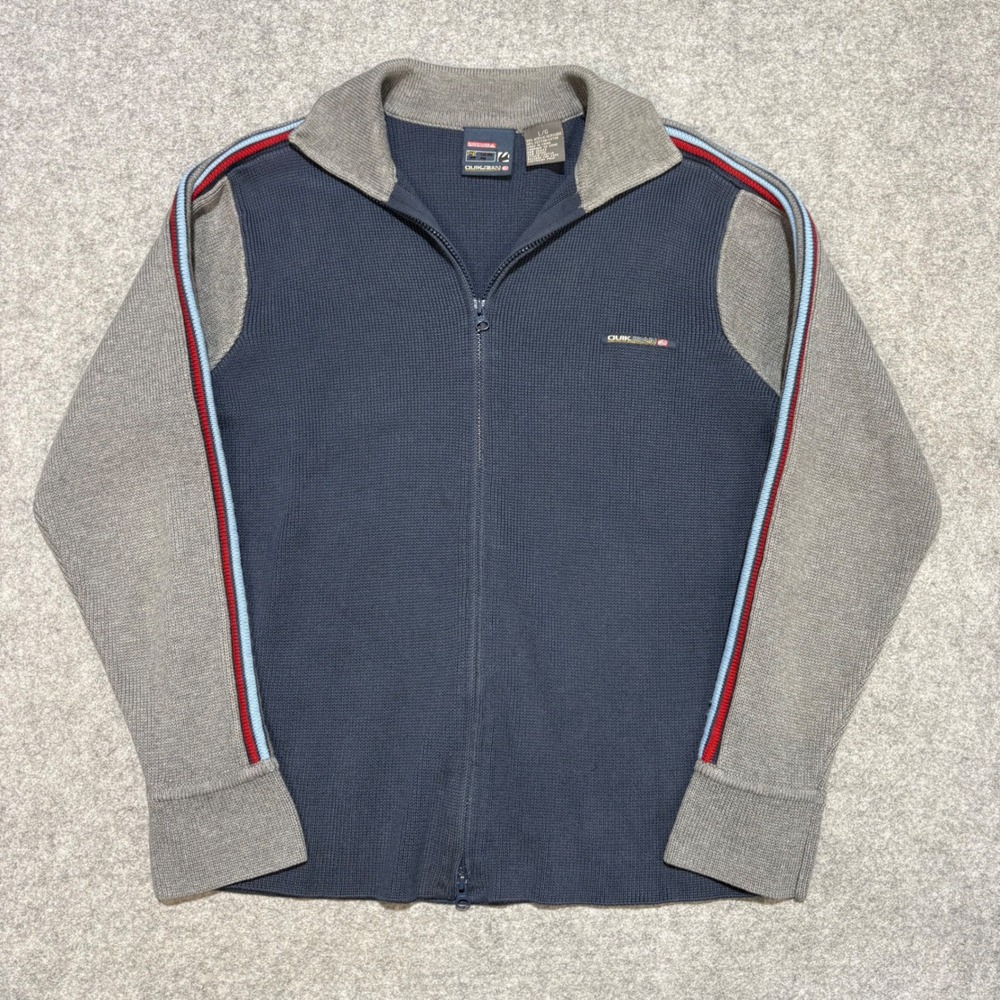 Quiksilver Quikjean Mens Large Full Zip Waffle Knit Sweater Navy Grey Striped